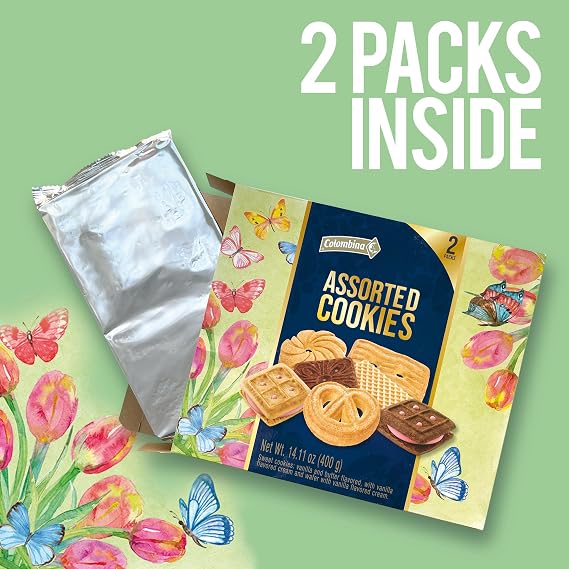 Colombina Assorted Cookies - Spring-Themed Box w/ 3 Types of Sweet Cookies: Vanilla Wafer Cookies, Vanilla and Butter Cookies, and Sandwich Cookies with Vanilla Cream, 14.11oz (400g) (2 packs per bag)