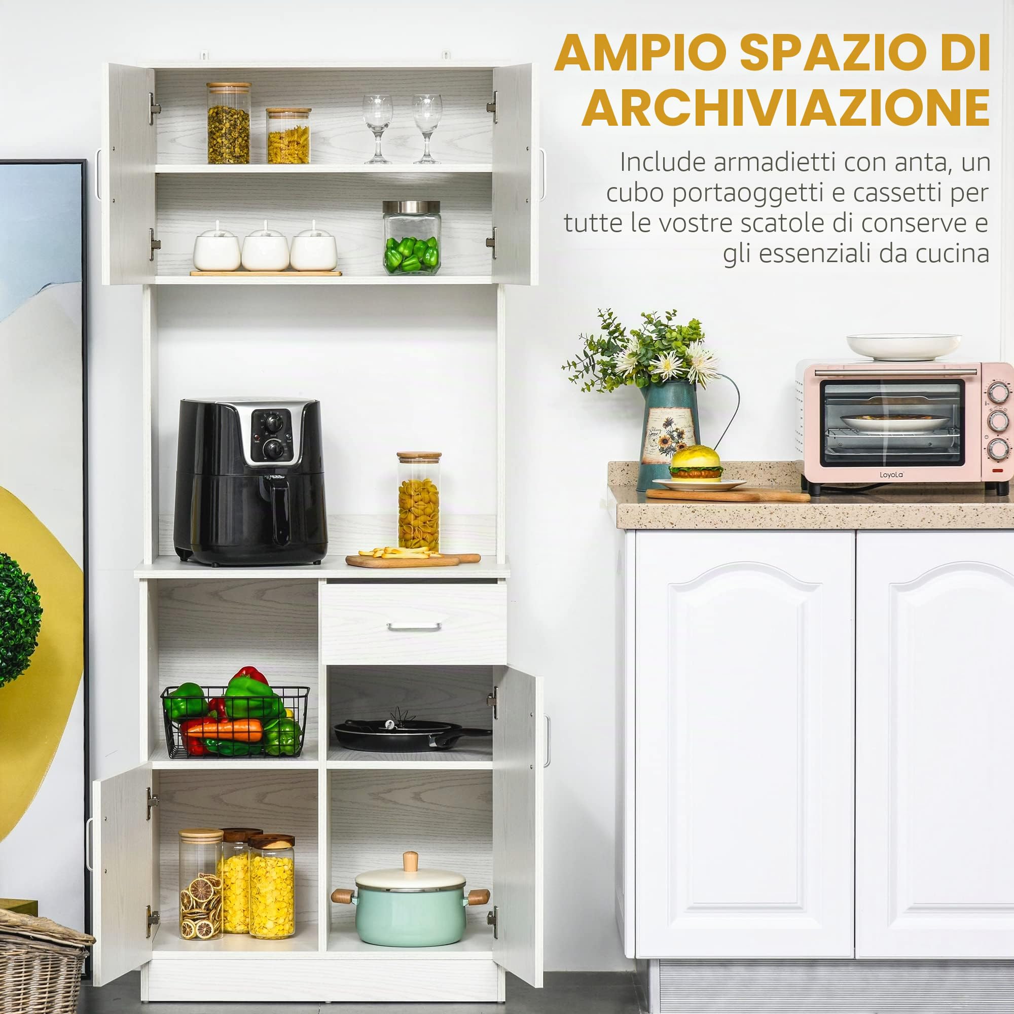 HOMCOM Buffet da cucina multi-storage 4 ante 71x41x178 cm Bianco | Armadio da cucina, 1 cassetto, ripiano + vassoio grande, MDF