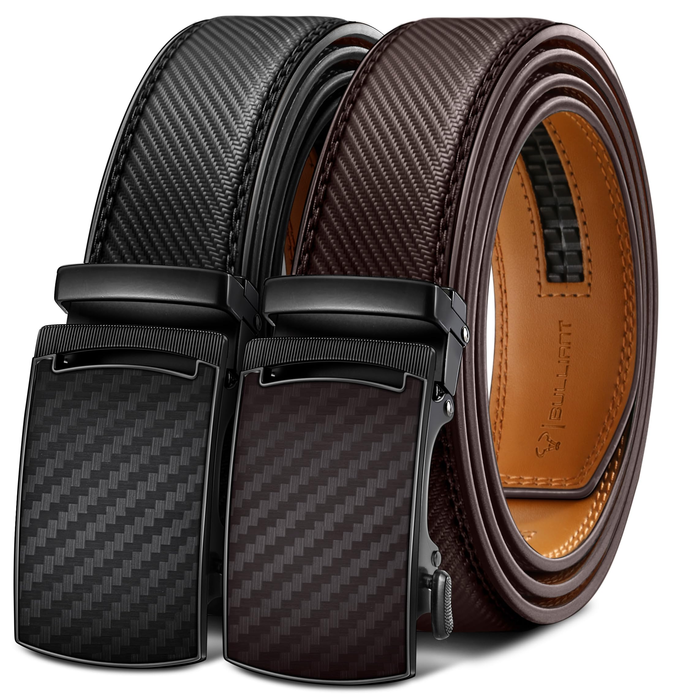 BULLIANT Ledergürtel Herren 2er, Gürtel Herren Ratsche Automatikschließe für Herren Verstellbar 35mm Breit mit Geschenkbox