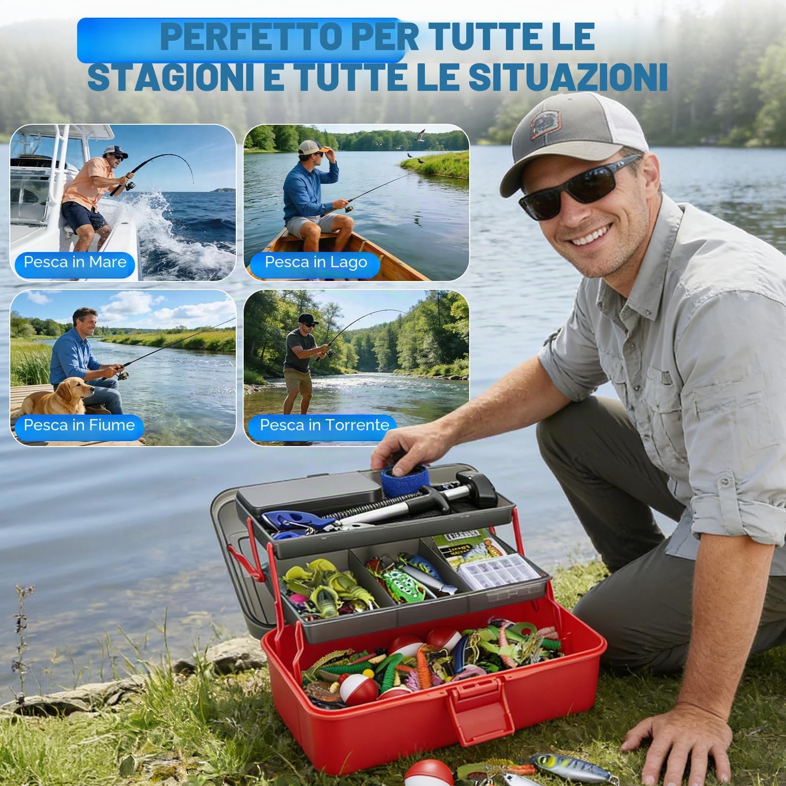 Set di 460 esche da pesca con grande scatola a 3 strati – Accessori da pesca completi con pinze, ganci, crankbait, svasatori, jig, piombo e molto altro ancora – regalo per uomini