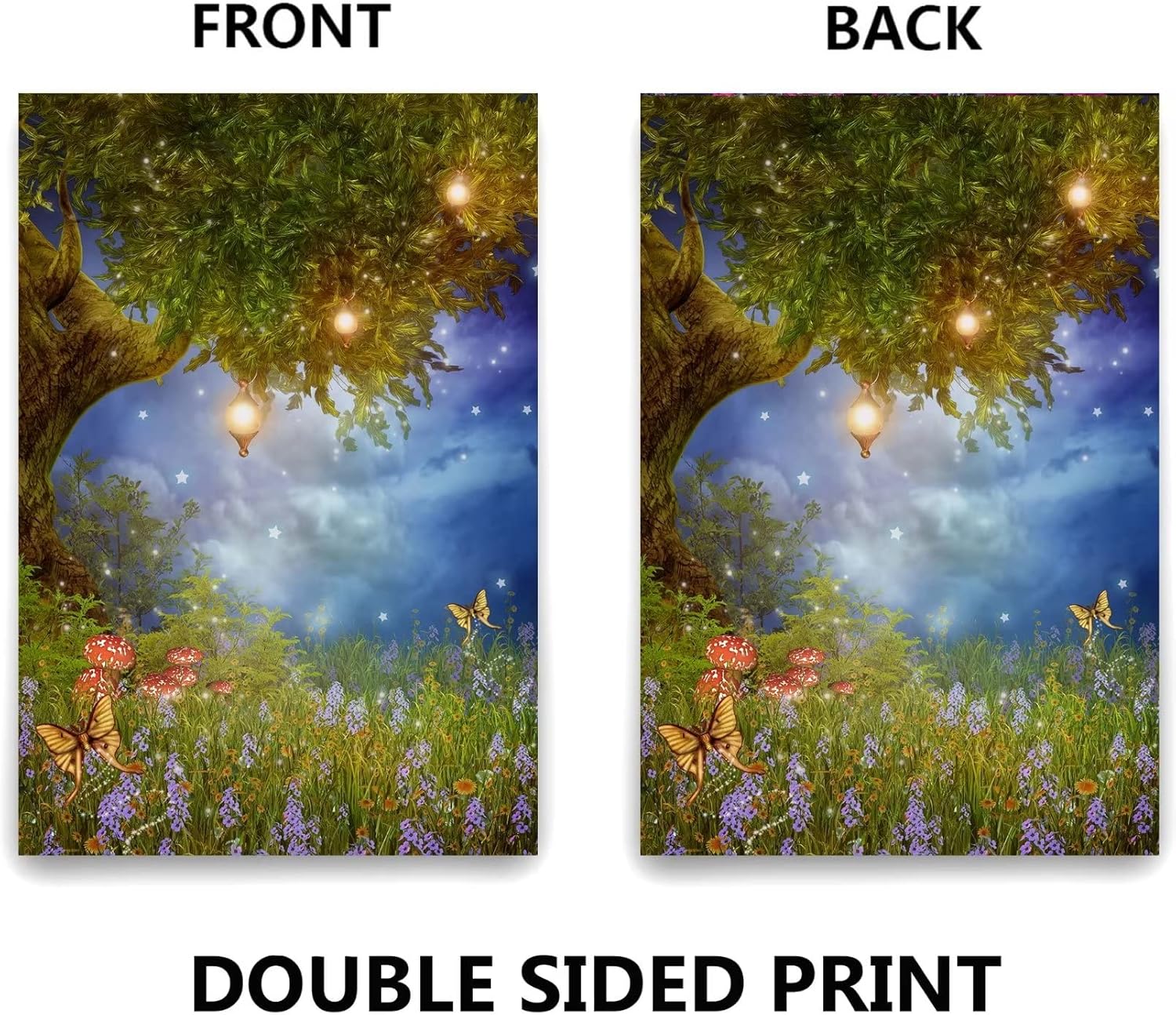 Fantasy Meadow with a Fairy Tree Lamps Flowers Mushrooms and Butterflies Garden Flag 12 x 18 Inch Double Sided Yard House Outdoor Banner Decor - Image 3