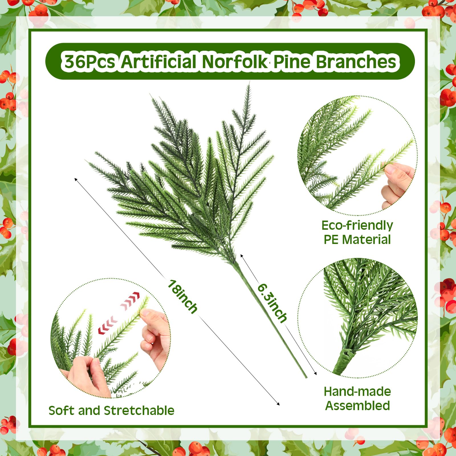 Giegxin Norfolk-Kieferzweige mit roten Beerenstielen, 45,7 cm, künstliche Grünpflanzen, Norfolk-Kieferstiele, Zweige künstliche Weihnachtszweige für Weihnachten, Basteln, Girlande, Heimdekoration, 48