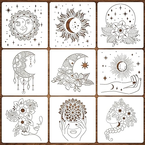 Miniatura 1 de 9 plantillas grandes de sol y luna, plantilla de mandala boho para pintar sobre lienzo, cara de sol y luna para mujer con plantilla de plástico de