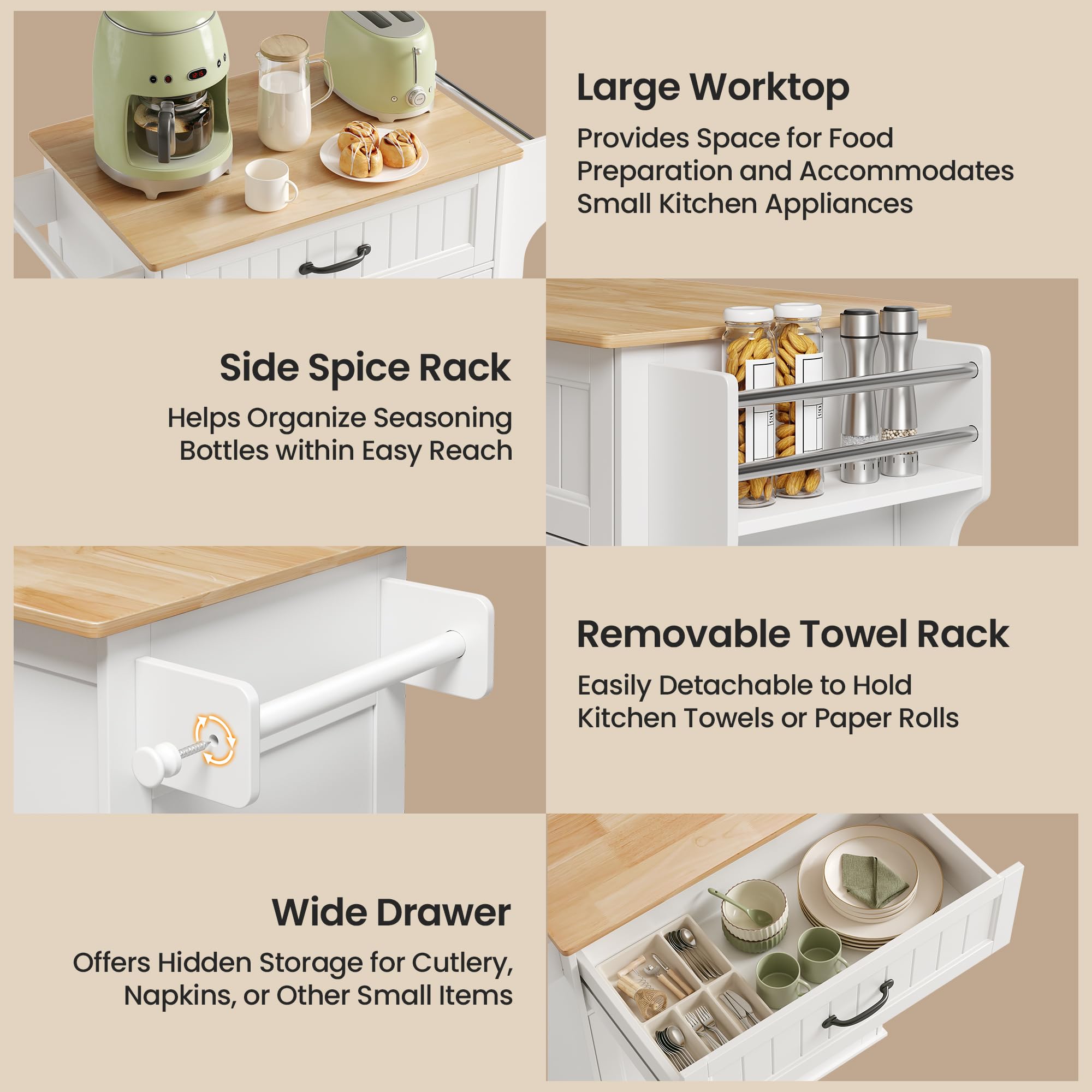 Bealife Carrello da Cucina, Mobile Cucina,con Ruote e Piano di Lavoro，Carrello di Servizio con 2 Ante e 1 Cassetto, Carrello Salvaspazio per Cucina e Soggiorno (Bianco)