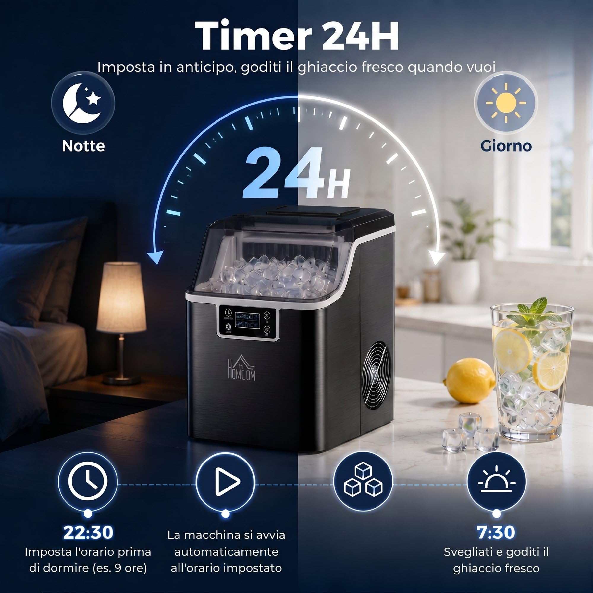 HOMCOM Macchina Ghiaccio 20kg in 24 Ore, Riempimento Manuale o con Bottiglia, 24 Cubetti in 14-18 Minuti con Paletta, Dimensione Regolabile, Serbatoio 3.2L e Sistema Autopulente, Nero