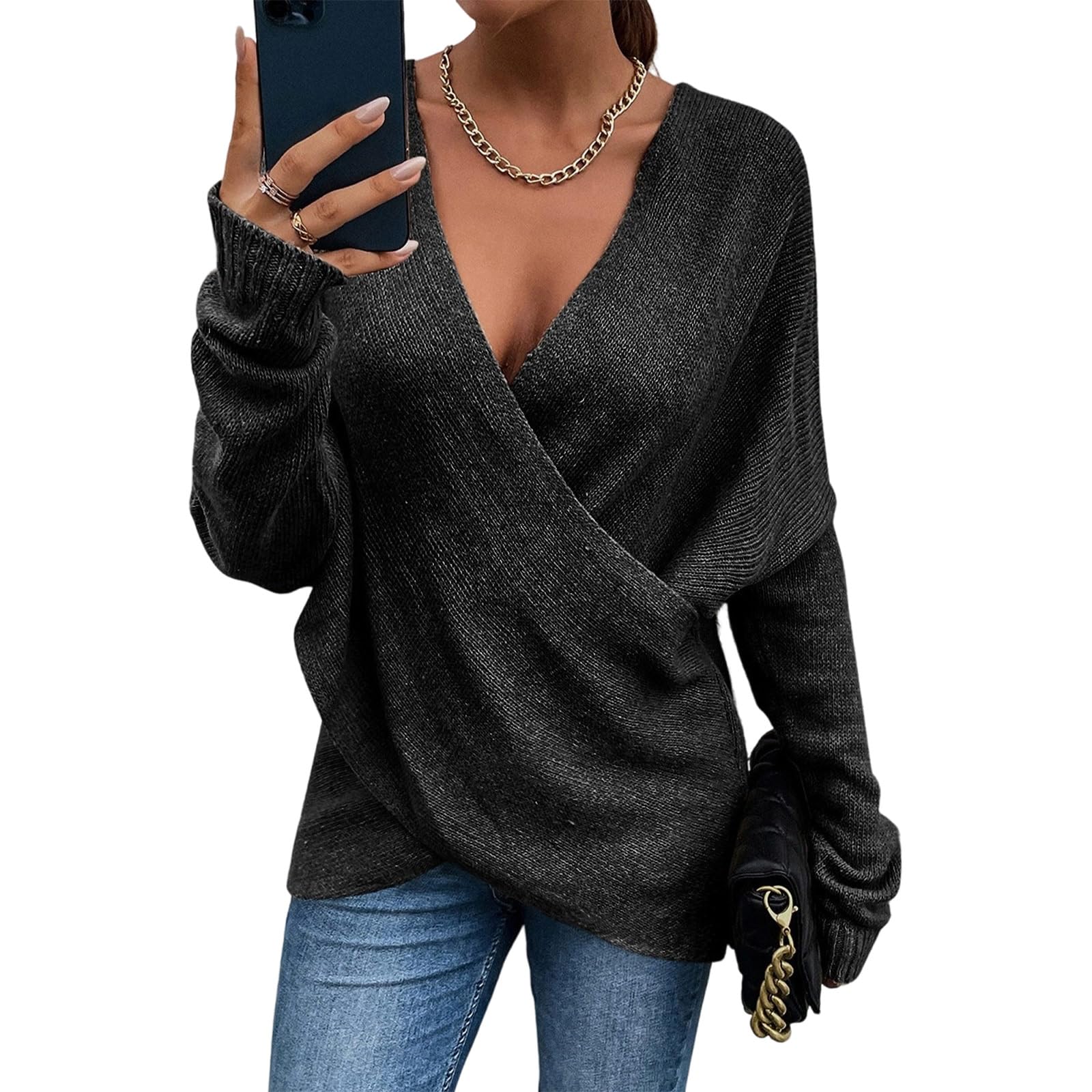 Womens Cross Wrap V Neck Sweater Trendy Oversized Knit Sweater Long Sleeve Cozy Fall Sweaters Elegant Clothes