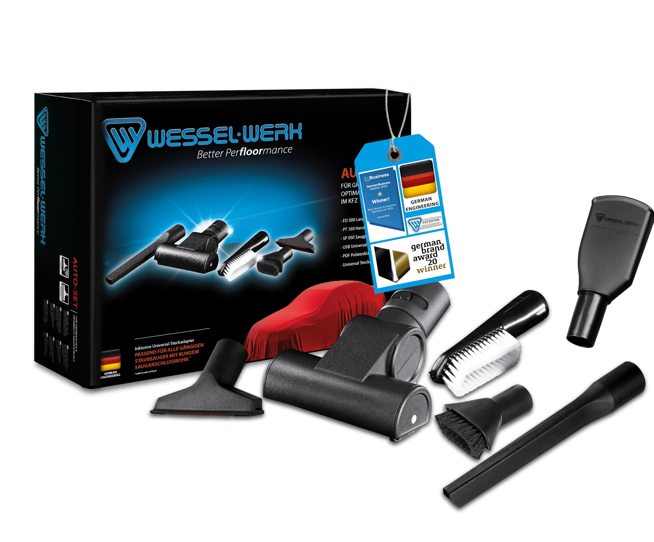 Wessel-Werk Autopflege-Set CarWash Edition | Staubsaugerdüsen zur Autoreinigung an Tankstellen, Waschanlagen und zu Hause | ideal für Sitze und Cockpit | Reinigungszubehör inkl. | passend von 32-38mm