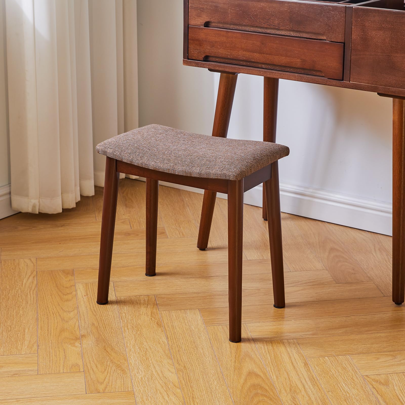 Taburete de tocador con cojín de silla de montar, taburete con patas de madera maciza, moderno banco otomano para piano, asiento tapizado para dormitorio, entrada, patas de nogal y lino marrón 9
