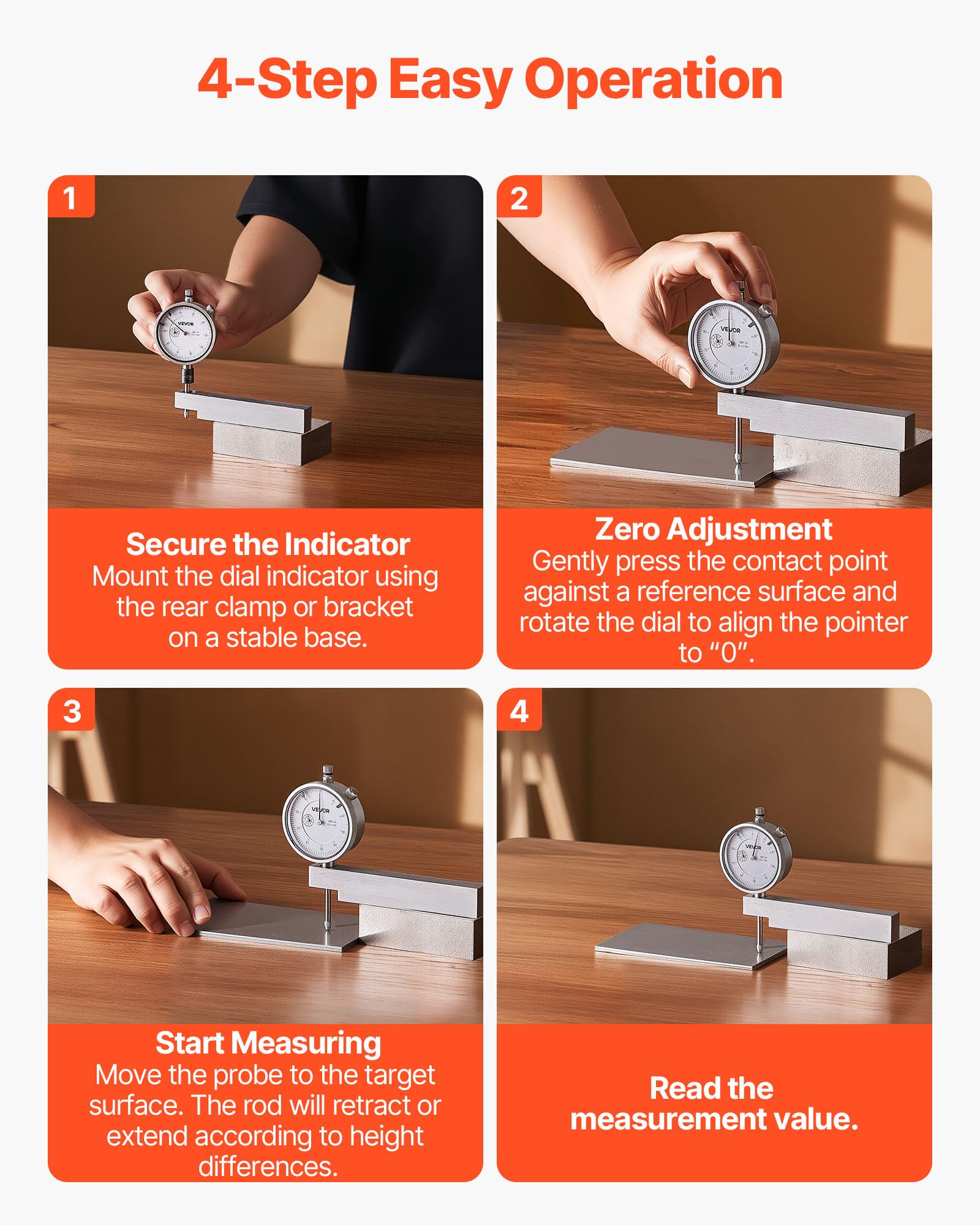 VEVOR Indicador de Comprobación de Cuadrante, con Base Metálica, Precisión de 0,03 mm, Rango de Medición 0 a 25,4 mm, para Medición de Áreas Estrechas, Mecanizado e Inspección Industrial, Plata