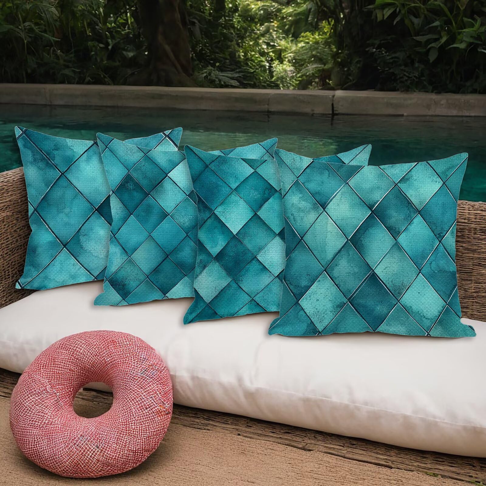 Juego de 4 Funda de Cojín Exterior Impermeable, 55x55 cm Fundas Cojínes Verde de Lino, Exterior Impermeable Lino Cojín Enrejado Decorativo, Fundas de Almohada para Patio Balcón Jardín Sofá Silla I-77