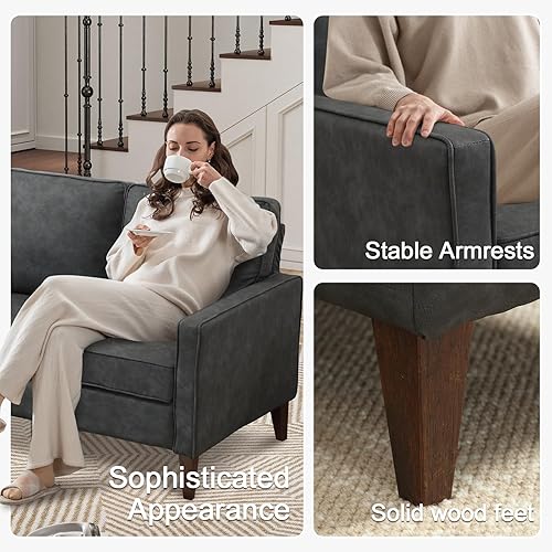 Miniatura 6 de Sofá de piel sintética en forma de L con pies de madera maciza, sofá de 3 plazas con diván reversible para apartamento, sofás seccionales para sala