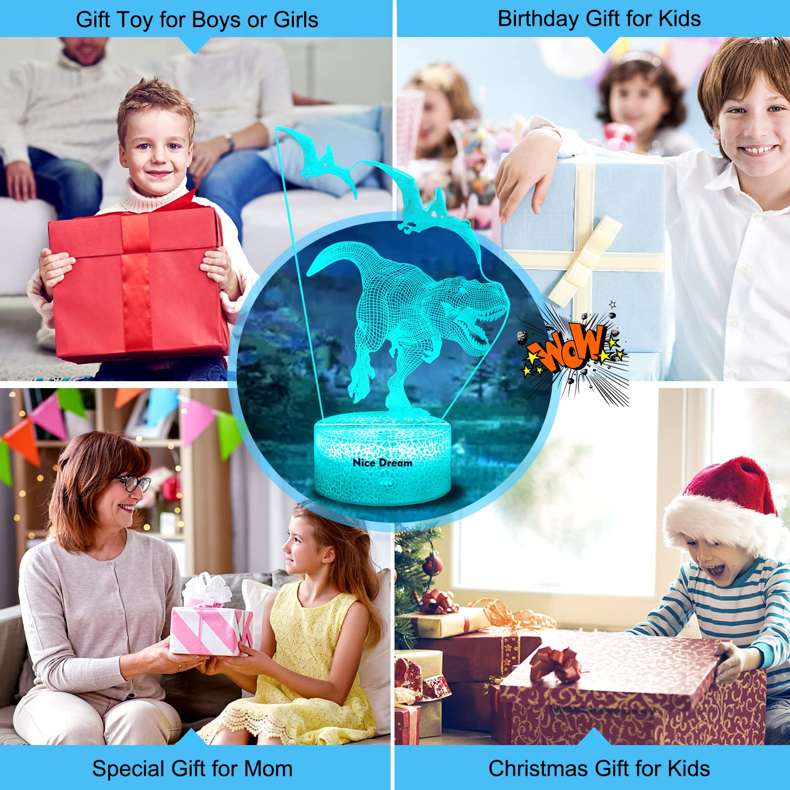 Nice Dream Luce Notturna per Bambini, Regali per Ragazze, Telecomando 16 Cambia Colore Dimmerabile, Lampada da Illusione 3D a Luce LED per Cameretta Arredamento Camera da Letto (14-Dino)