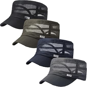 Mesh Military Cap 4 Pieces Cadet Army Cap Summer Cadet Hat Flat Army Mesh Top Hat Black, Navy Blue, Gray and Army Green