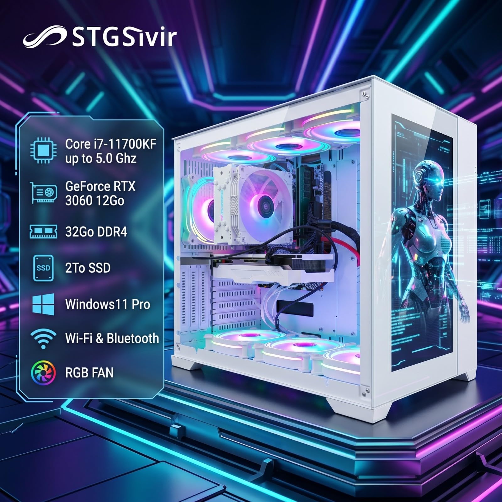 STGSivir PC Gaming Fisso, Computer Gaming, Core i7-11700KF fino a 5.0 GHz • Nvidia RTX 3060 12GB GDDR6 • 32GB DDR4 RAM • 1TB SSD • WiFi 6 • BT • Windows 11 Pro