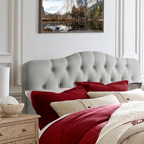 Miniatura 6 de Rosevera Givanna - Cabecero de altura ajustable con tapicería de lino y capitoné de botones para dormitorio, matrimonial, gris clásico
