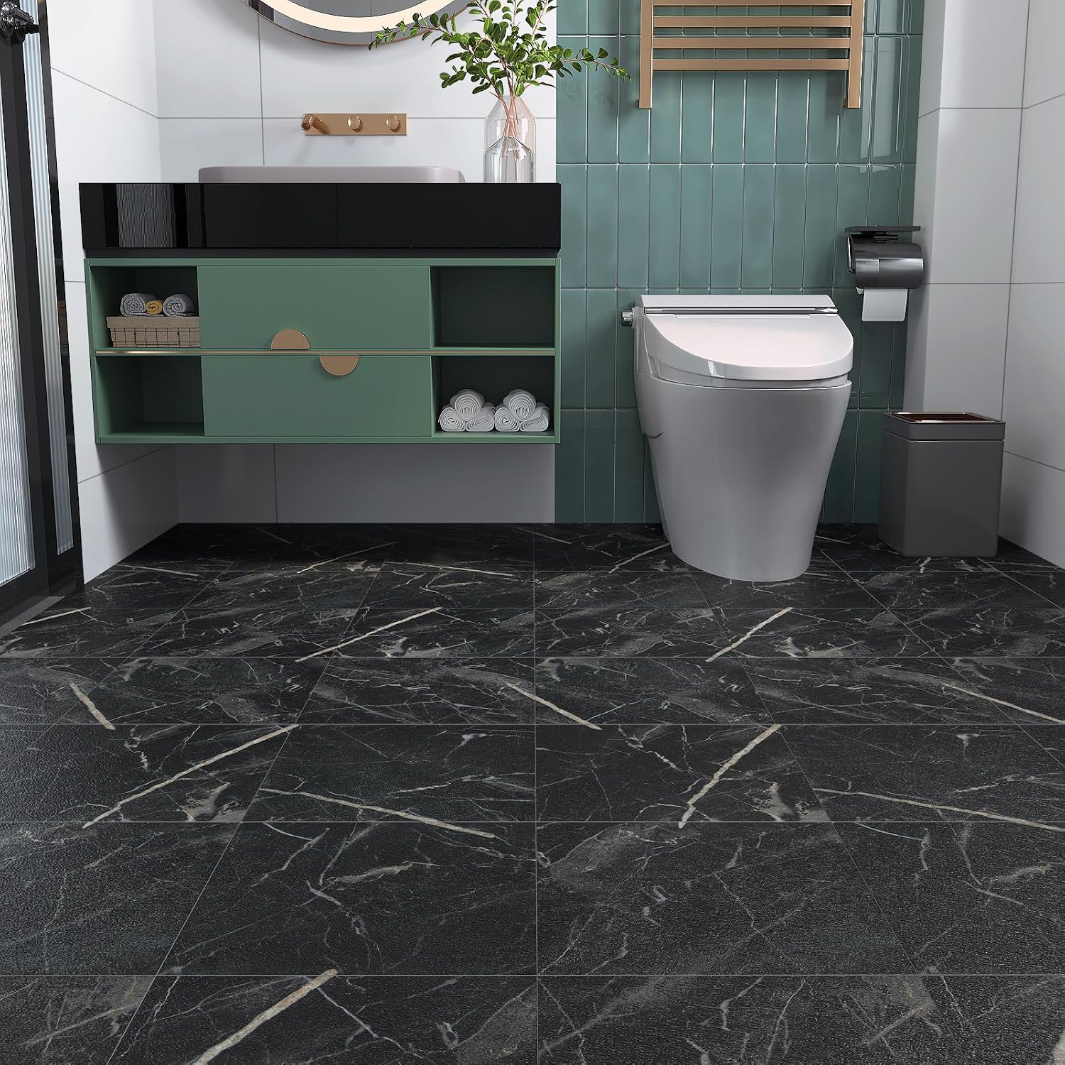 VaryStyle 18 Packs Vinyl Flooring Peel and Stick Floor Tiles 12"x12" Black Marble Flooring Tiles Waterproof Bathroom Floor Tile Self Adhesive Removable Stick on Tiles for Kitchen Basement Flooring