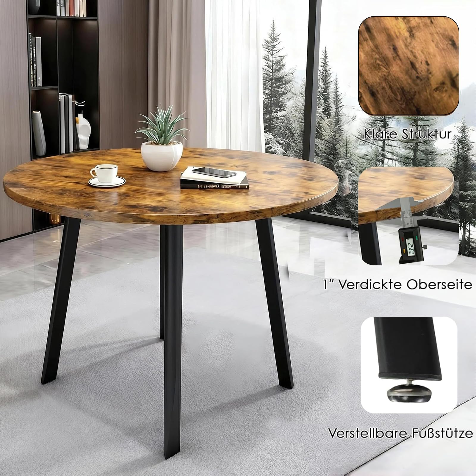 Runder Esstisch mit 4 Stühlen - Essgruppe 5-Teilig Komplettset - Küchentisch Sitzgruppe für für Küche/Esszimmer - Wohnzimmer und Büro 4-6 Sitzplätze (Walnut)
