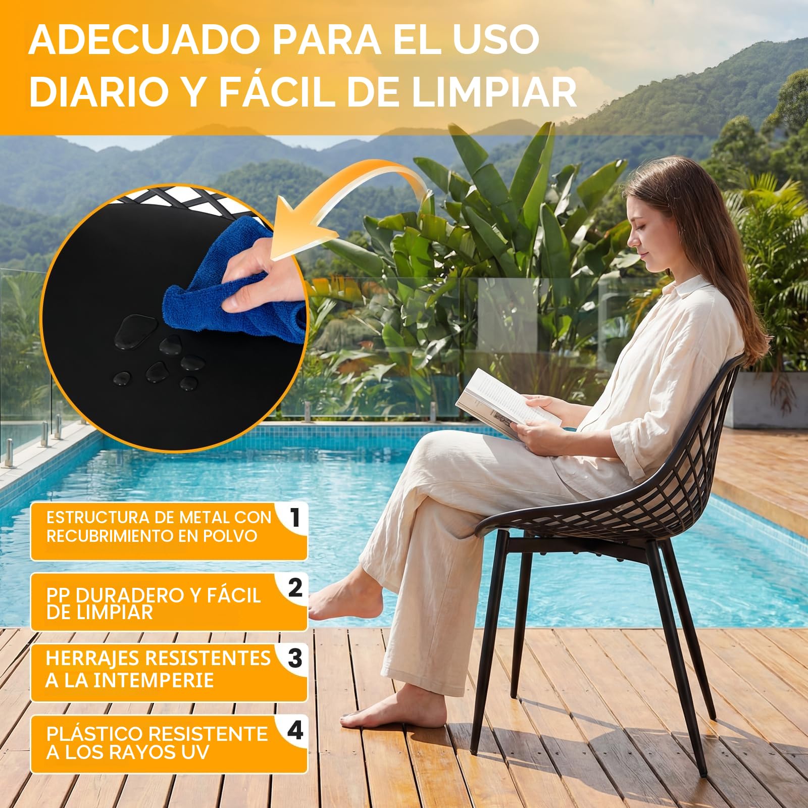 buybyroom Sillas Jardin Exterior, Juego de 6 Sillas Terraza Exterior con Patas de Metal y Respaldo de Plástico Ergonómico, para Jardín,Terraza,Balcon,Comedor,Reuniones, Salon, Recepción, Negras