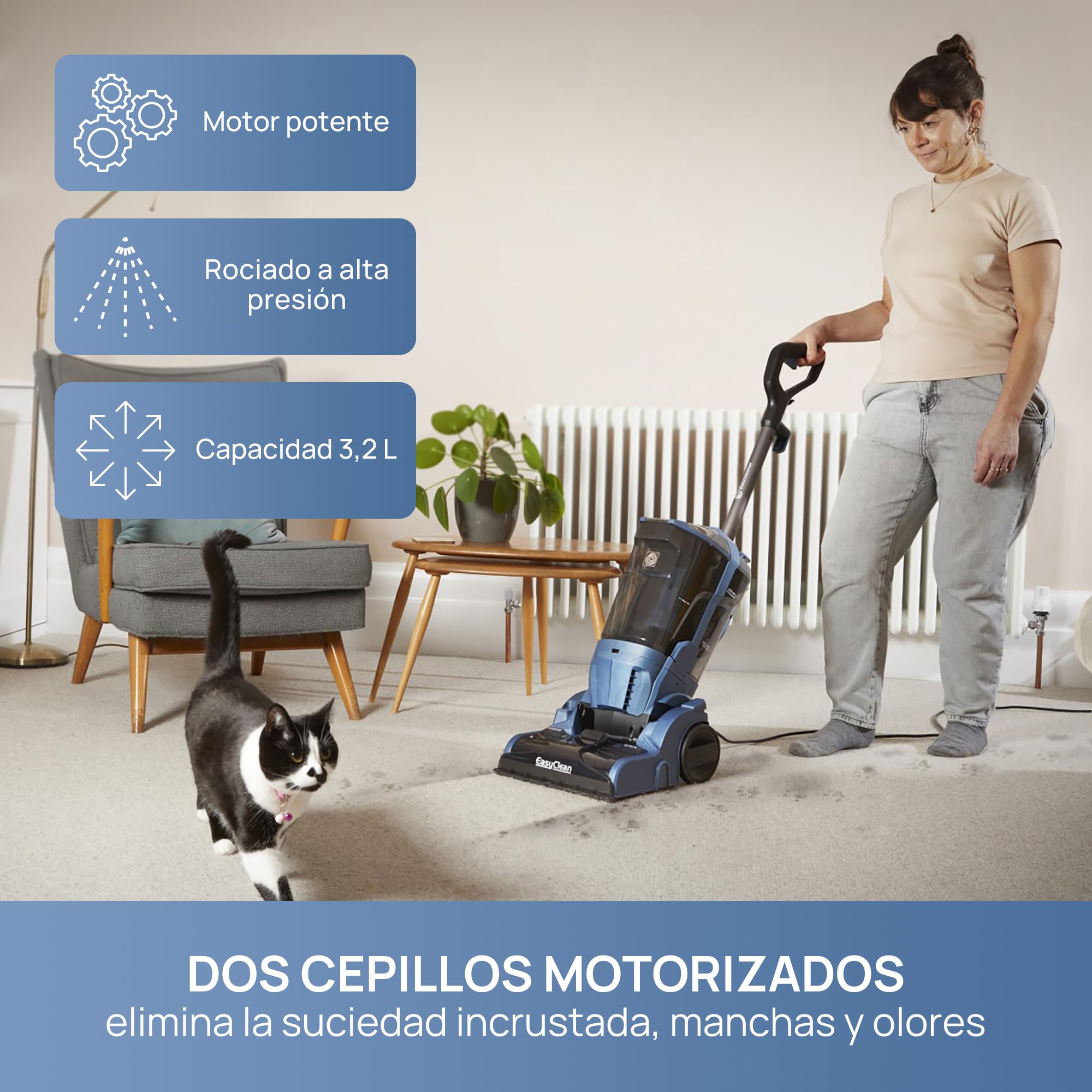 Vacmaster Limpiador de alfombras con doble rodillo de cepillo 17kpa, gran superficie de limpieza – ideal para alfombras, escaleras, tapicería y pelo de mascotas | Secado rápido, dep