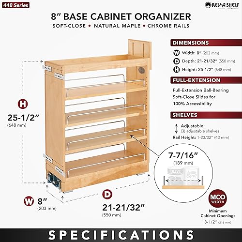 Vista 3 de Rev-A-Shelf Organizador de estante extraíble de 8 pulgadas para gabinetes base de cocina y baño, estante deslizante de madera