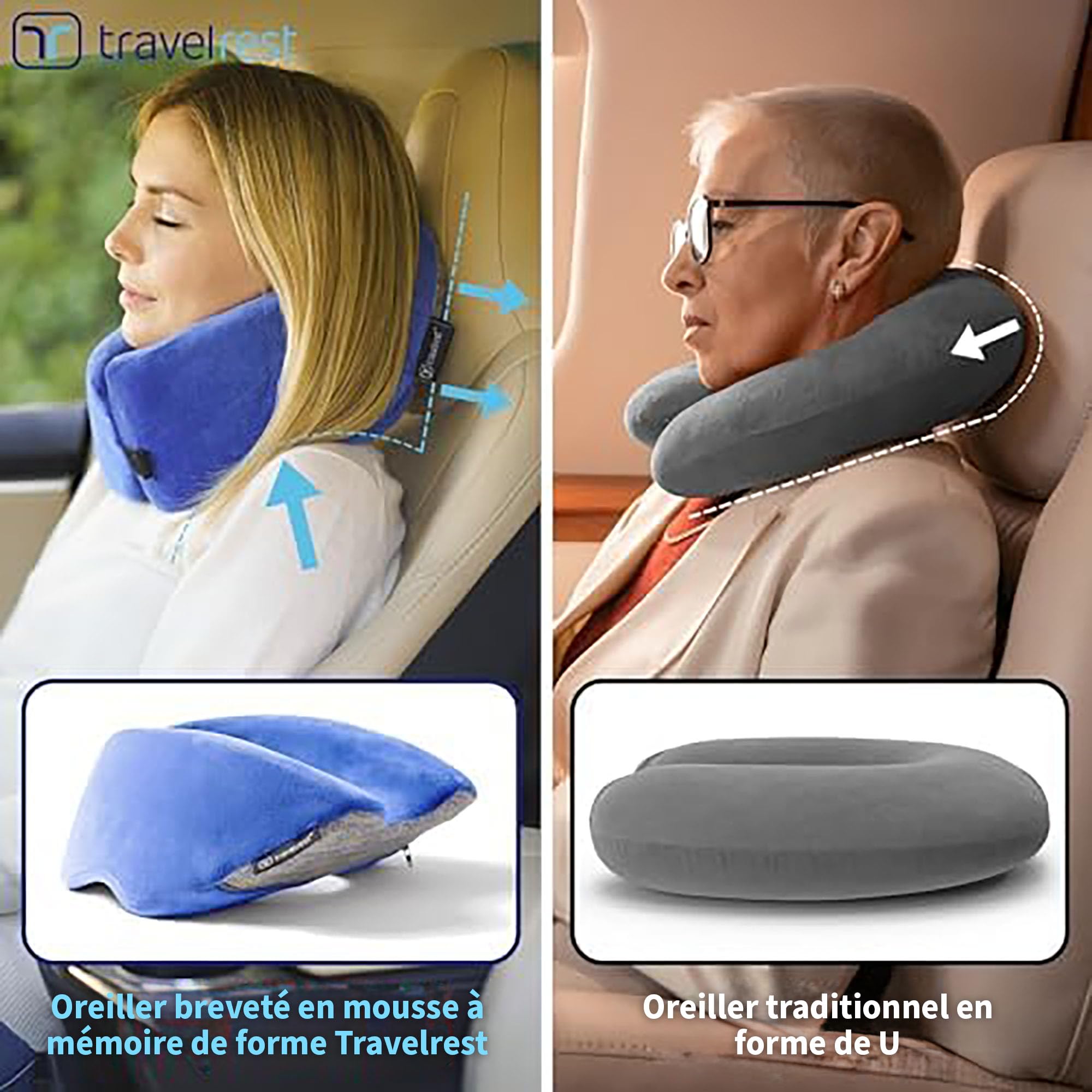 travelrest Oreiller de Voyage en Mousse à mémoire de Forme Ultime, Lavable,Le Meilleur Coussin de Voyage voté pour 2025-2026 par NYTimes WIRECUTTER,Lot de 1/4 de sa Taille