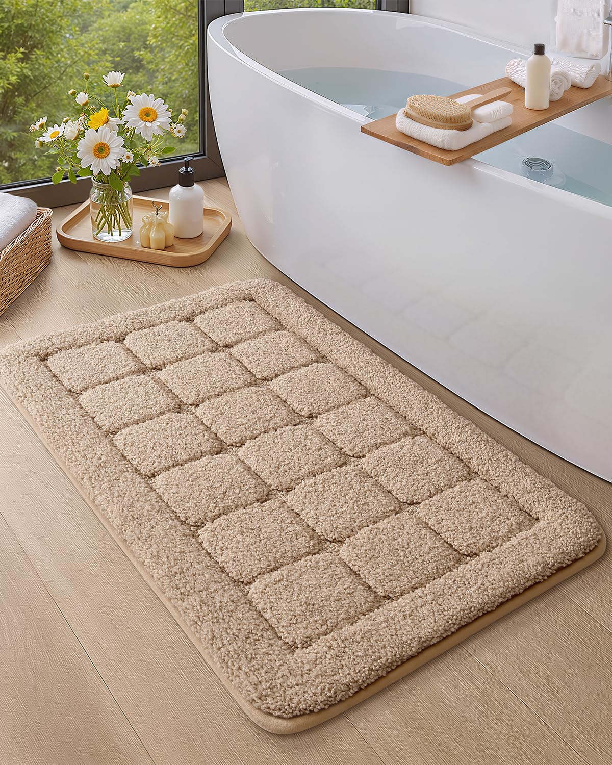 Color&Geometry Beige Bath Mat 17x30, Ultra Absorbent Non-Slip Bathroom Rug, Soft Plush Chenille Shower Mat for Tub/Shower, Machine Washable Bath Rug