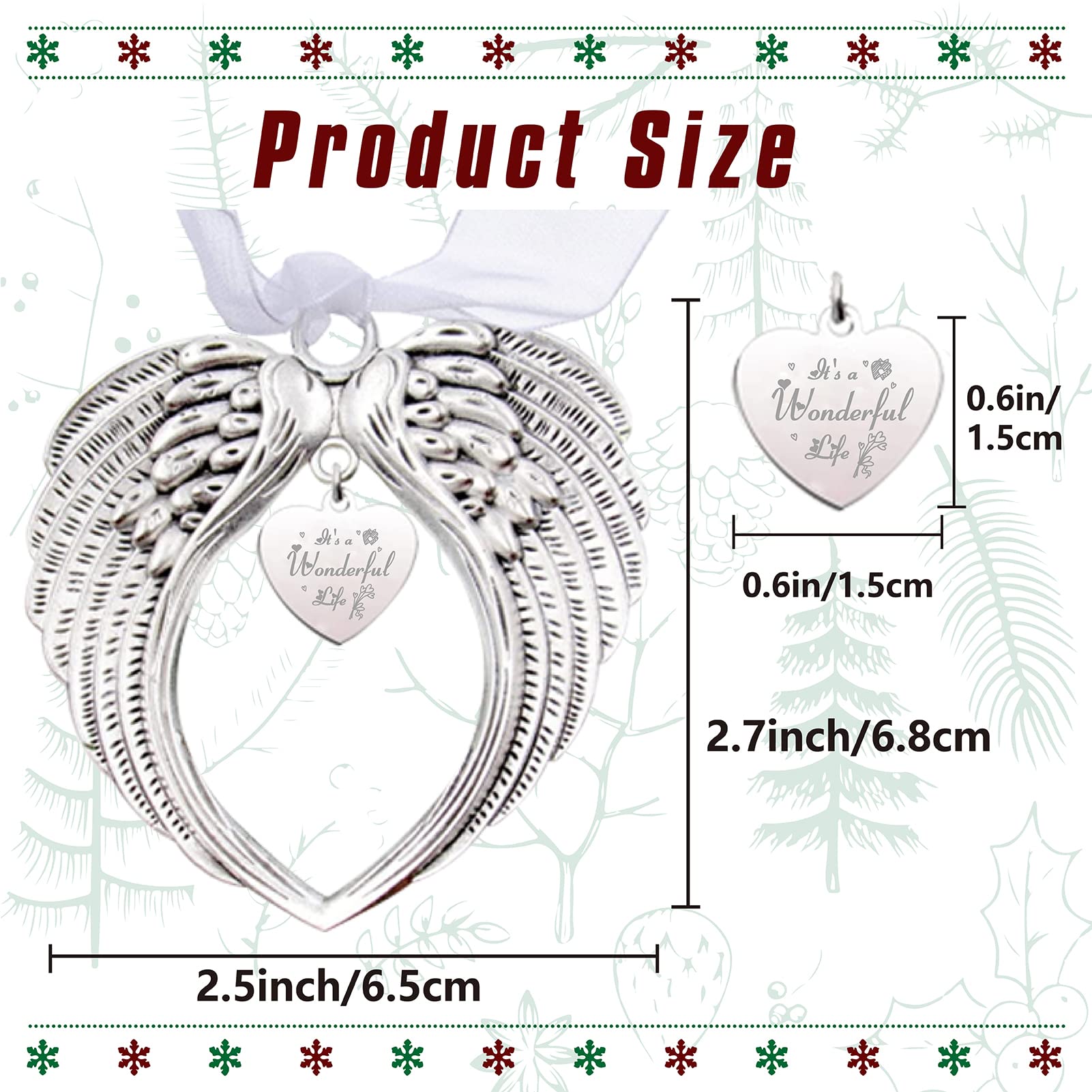 CREATCABIN 2Pcs Wing Memorial Christmas Ornament Angel Wing Gifts Heart Tree Hanging Pendants for Christmas Thanksgiving Gift Decorations Home Party With Silk Ribbon-It's A Wonderful Life - Image 2