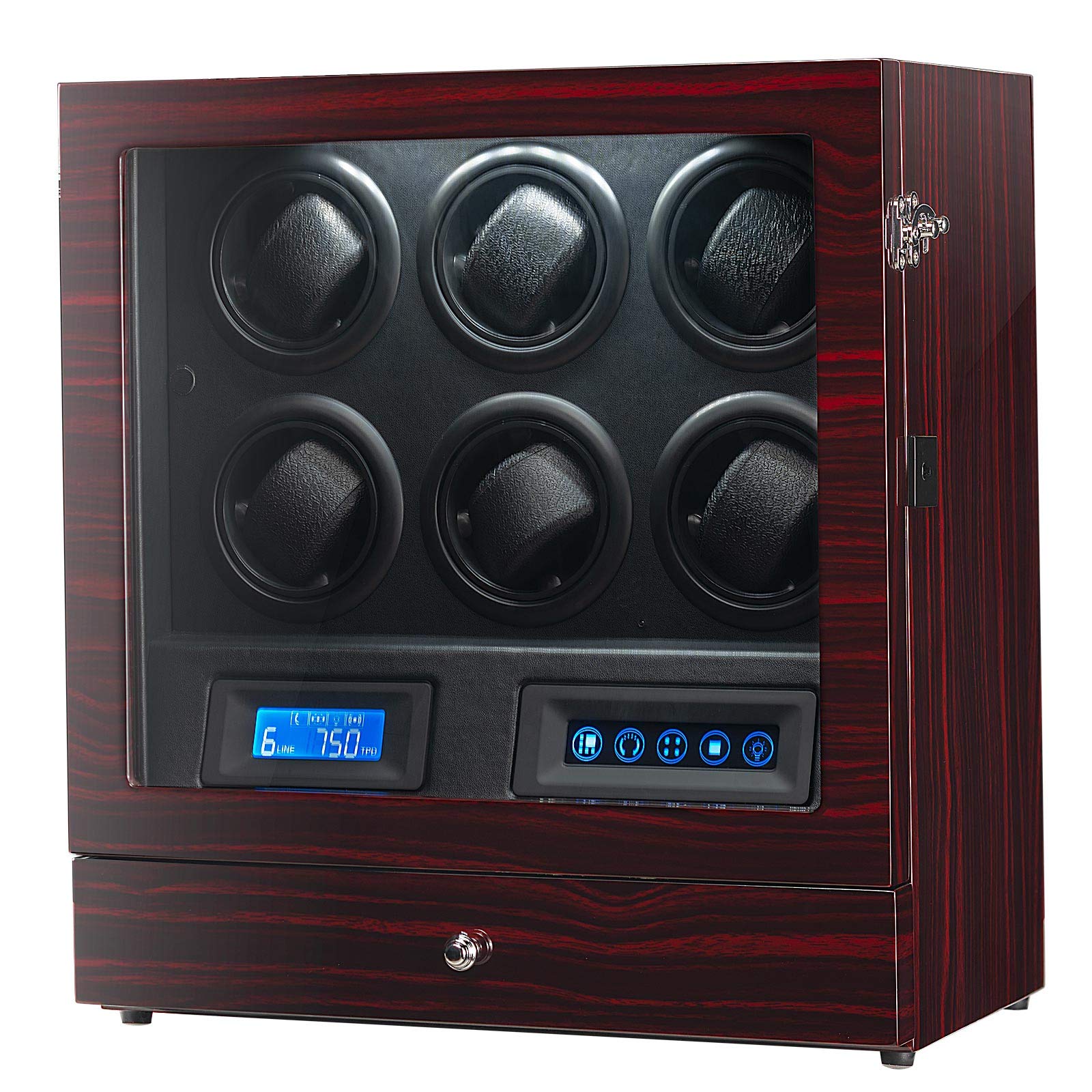 6 Watch Winder Box with 2 Watches - Cufflinks - Watchband Storage Space, LCD Display, Remote Contorl and Interior Backlight