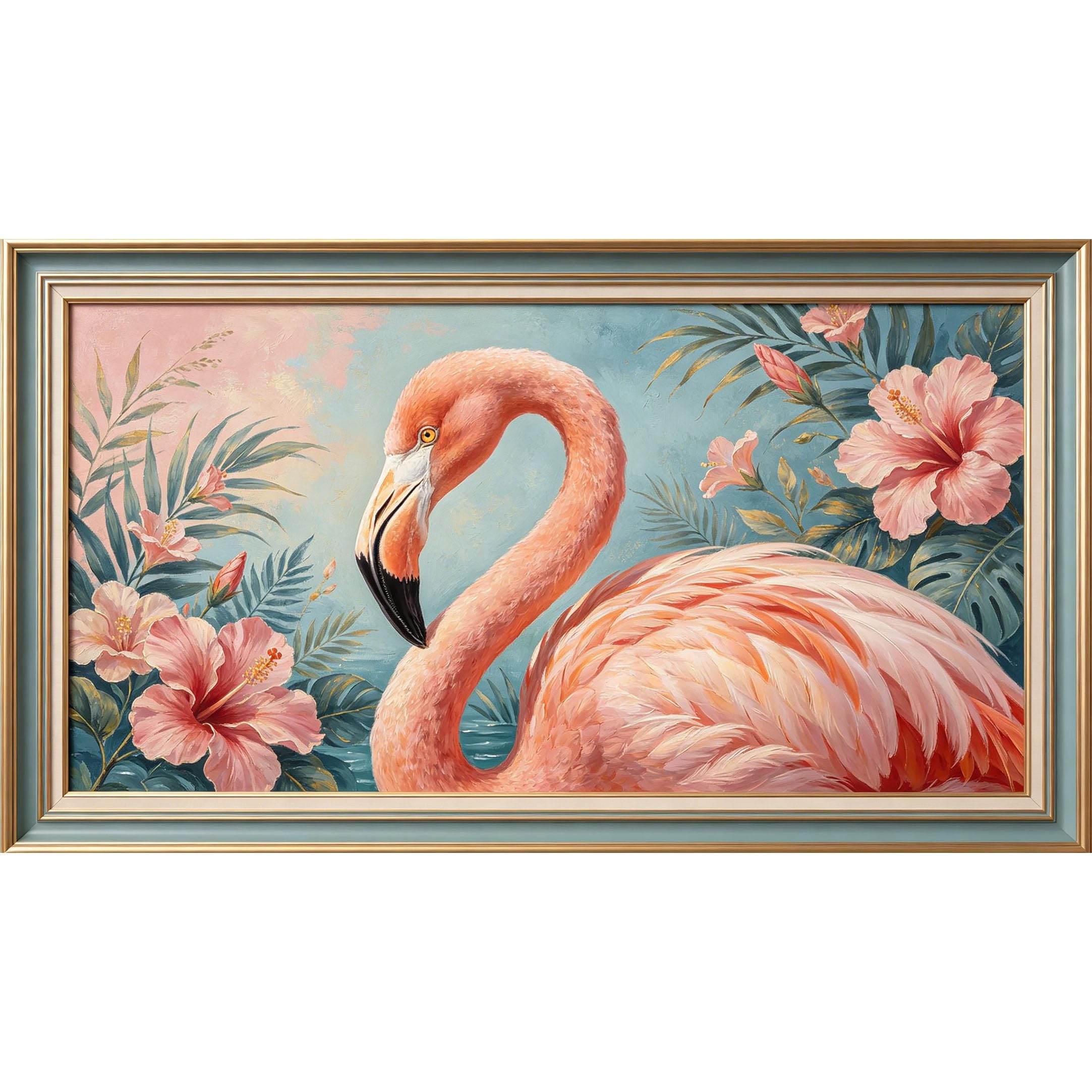 QZLITHOTIC 50x90cm3D Framed Wall Art， Tropical Flamingo Hibiscus Botanical Self‑Adhesive Mural， Water‑Activated Peel & Stick Fabric Decor Wall Decal for Bedroom Living Room