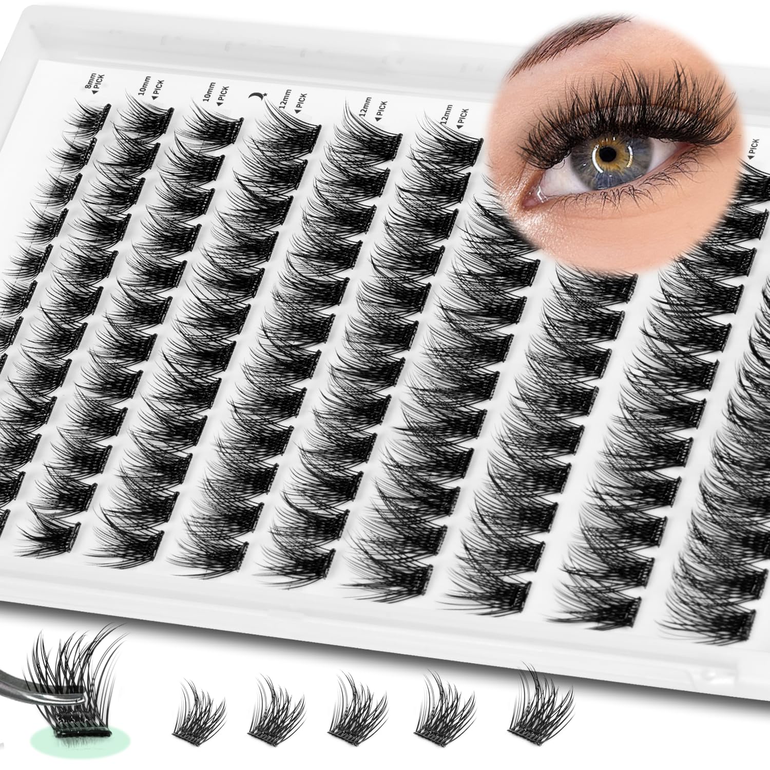 Self Adhesive Lash Clusters, 240 Pcs Individual Eyelashes No Glue Needed, 8–16mm Fluffy Wispy Cluster Lashes, DIY Lash Extension Kit for Natural Volume Look with Tweezers