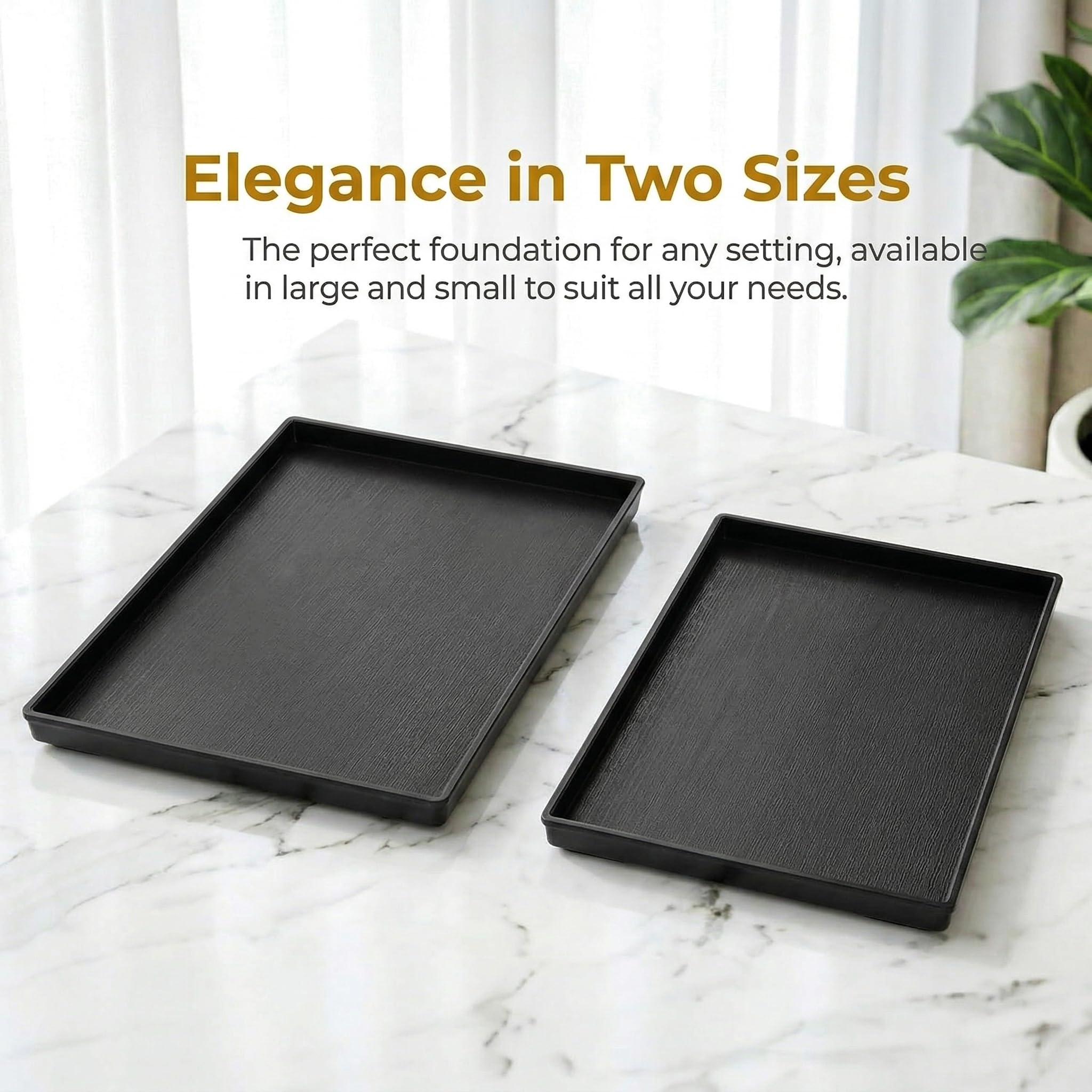 Cedilis Paquete de 2 bandejas rectangulares negras para servir, bandeja de plástico antideslizante, bandejas otomanas modernas para centro de mesa, decoración del hogar, baño, encimera de cocina