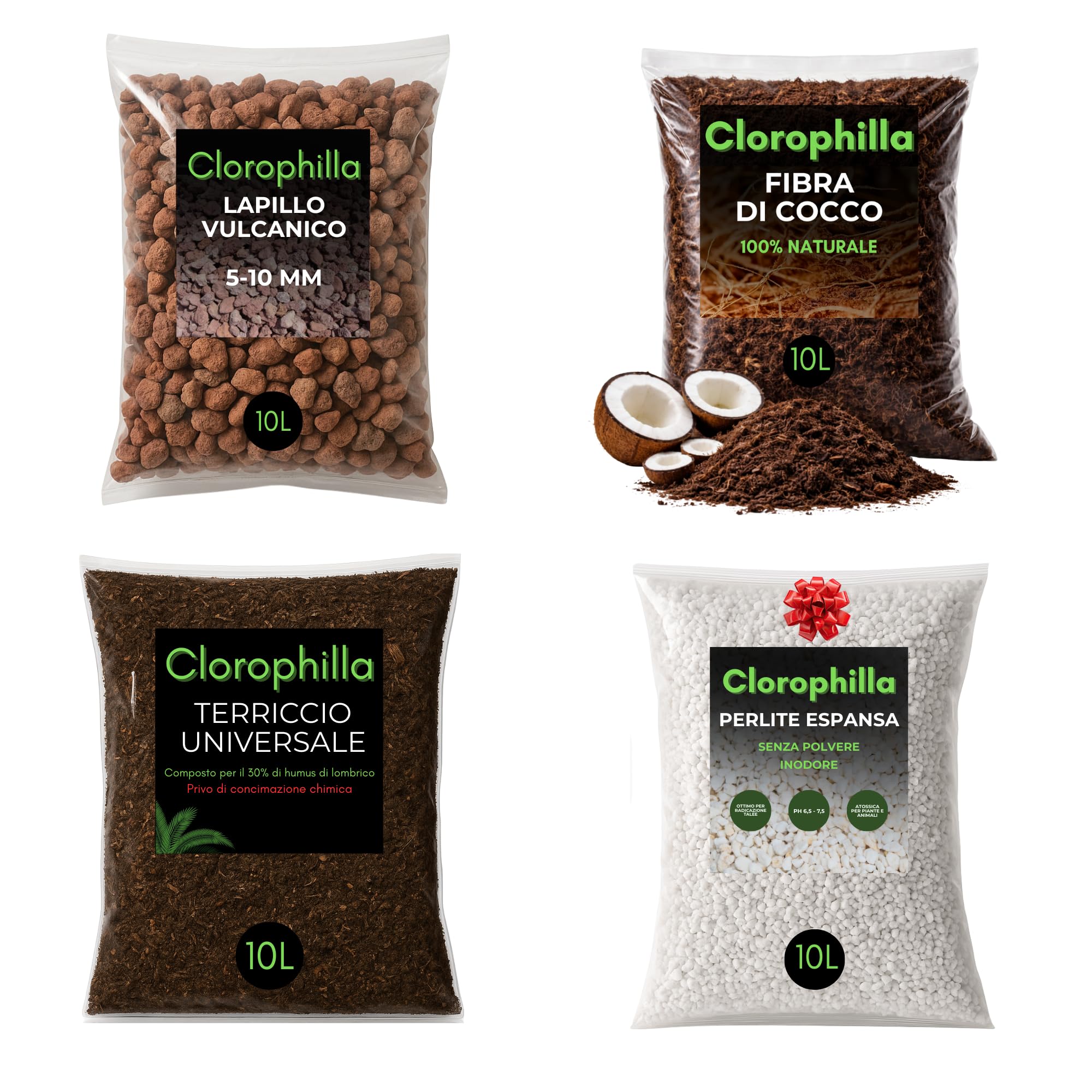 Clorophilla Kit Substrati per Piante – 4 Sacchi da 10L (Fibra di Cocco + Lapillo Vulcanico + Perlite Espansa + Terriccio Universale) – Drenaggio, Aerazione e Crescita Radicale (KIT 10L X4)