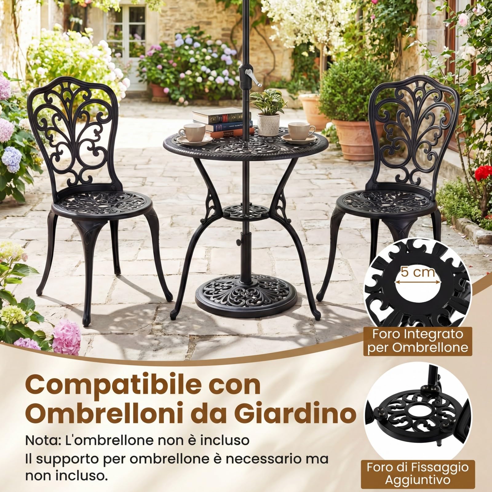 COSTWAY Set Tavolino e Sedie in Alluminio 3 Pezzi, Set Bistro da Esterno con Foro per Ombrellone, Mobili da Giardino per Cortile Patio Terrazza (Modello 3)