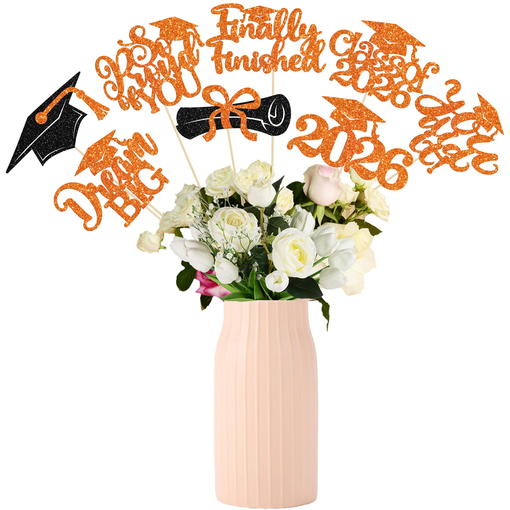 Gyufise 16Pcs Prom 2026 Centerpiece Sticks Class of 2026 Table Flower Centerpieces Sticks Congrats Grad Party Decorations for 2026 Graduation College Prom Party Supplies Orange