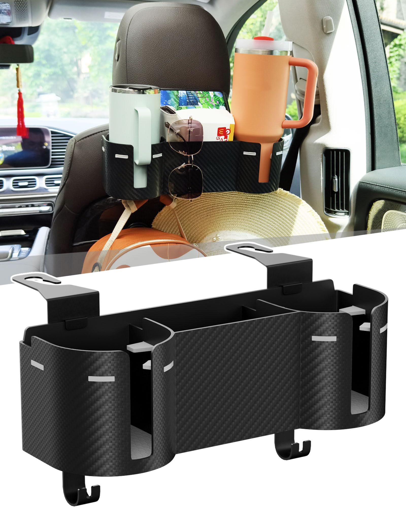 Car Headrest Backseat Cup Holder 3.7" with Organizer, High Capacity 4 in 1 Seat Back Organizer with Headrest Hooks, Multifunctional Storage for Car Travel Accessories Compatible with Most Vehicles