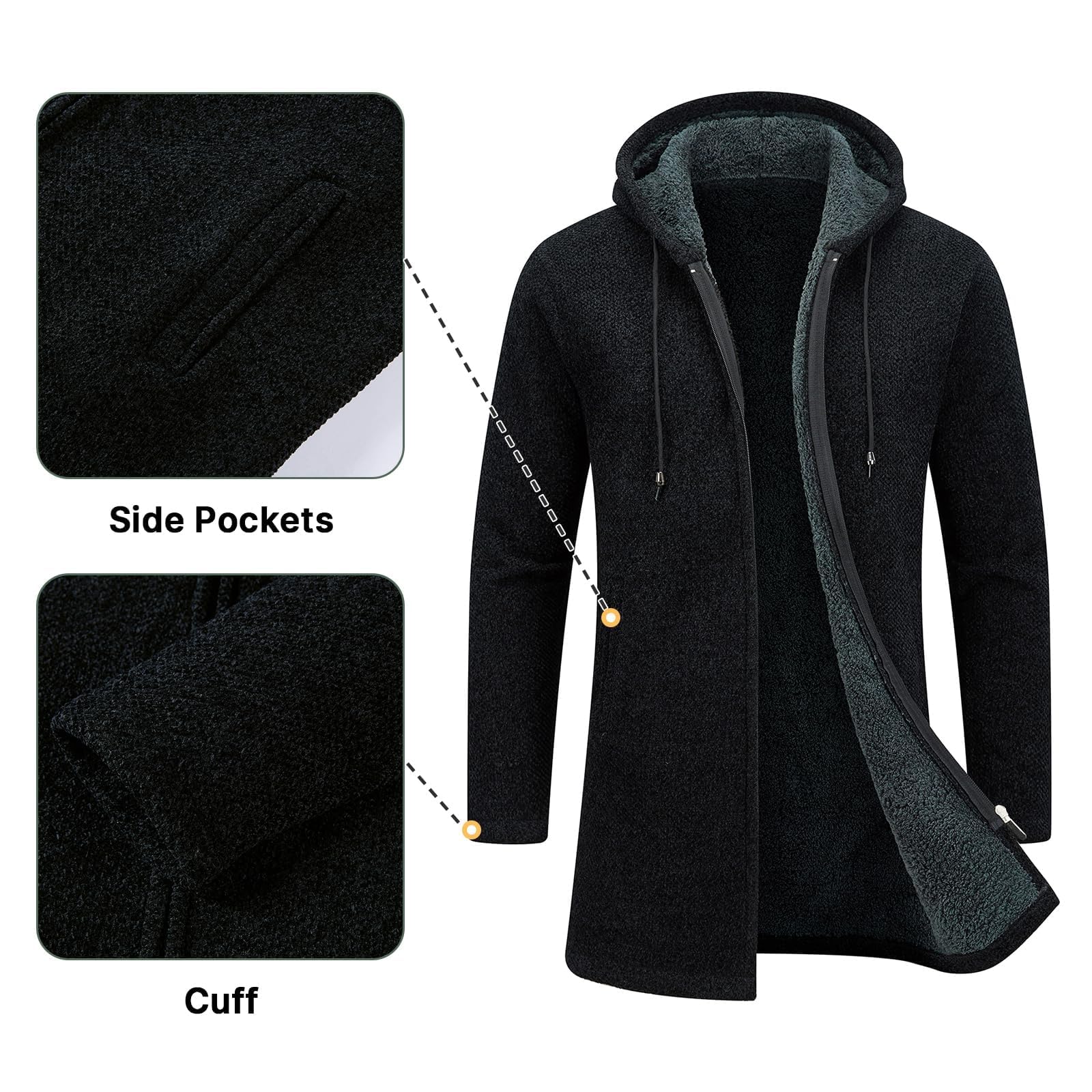 KUDORO Cardigan Homme Long à Capuche Zippé Pull Cardigan en Tricot Hoodie Épais et Décontractée Chandail Sweats à Capuche