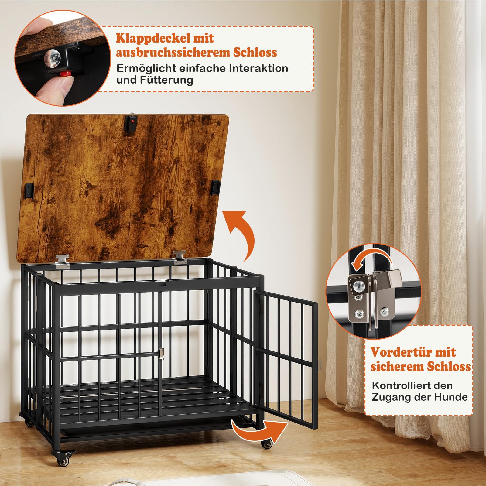 COSTWAY Hundekäfig Möbel, klappbar, Hundehütte mit Rollen, herausnehmbarem Tablett & abschließbarer Tür, 2 in 1 Beistelltisch Hundebox Indoor, Tierkäfig Metall Holz, Vintagebraun (80 x 61 x 64 cm)
