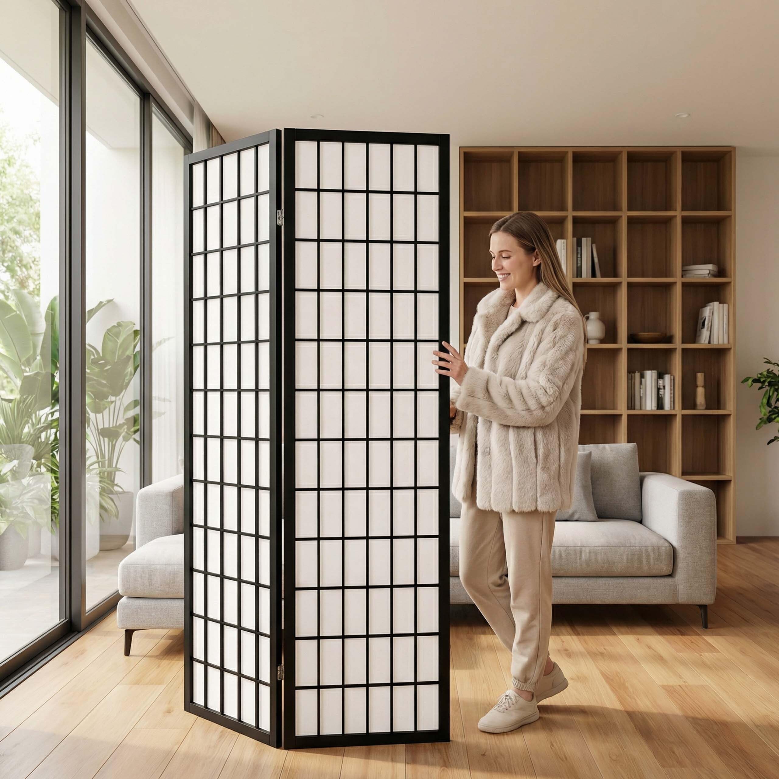 Relaxdays Biombo 3 Paneles Plegable 170x120 cm, Blanco y Negro | Madera y tela, salón, separador interior