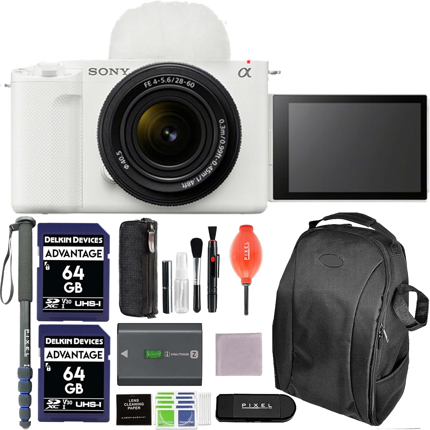 Sony ZV-E1 Mirrorless Vlog Camera (White) with 28-60mm Lens Bundle with Backpack, Monopod, 2 x 64GB SD Card, & More