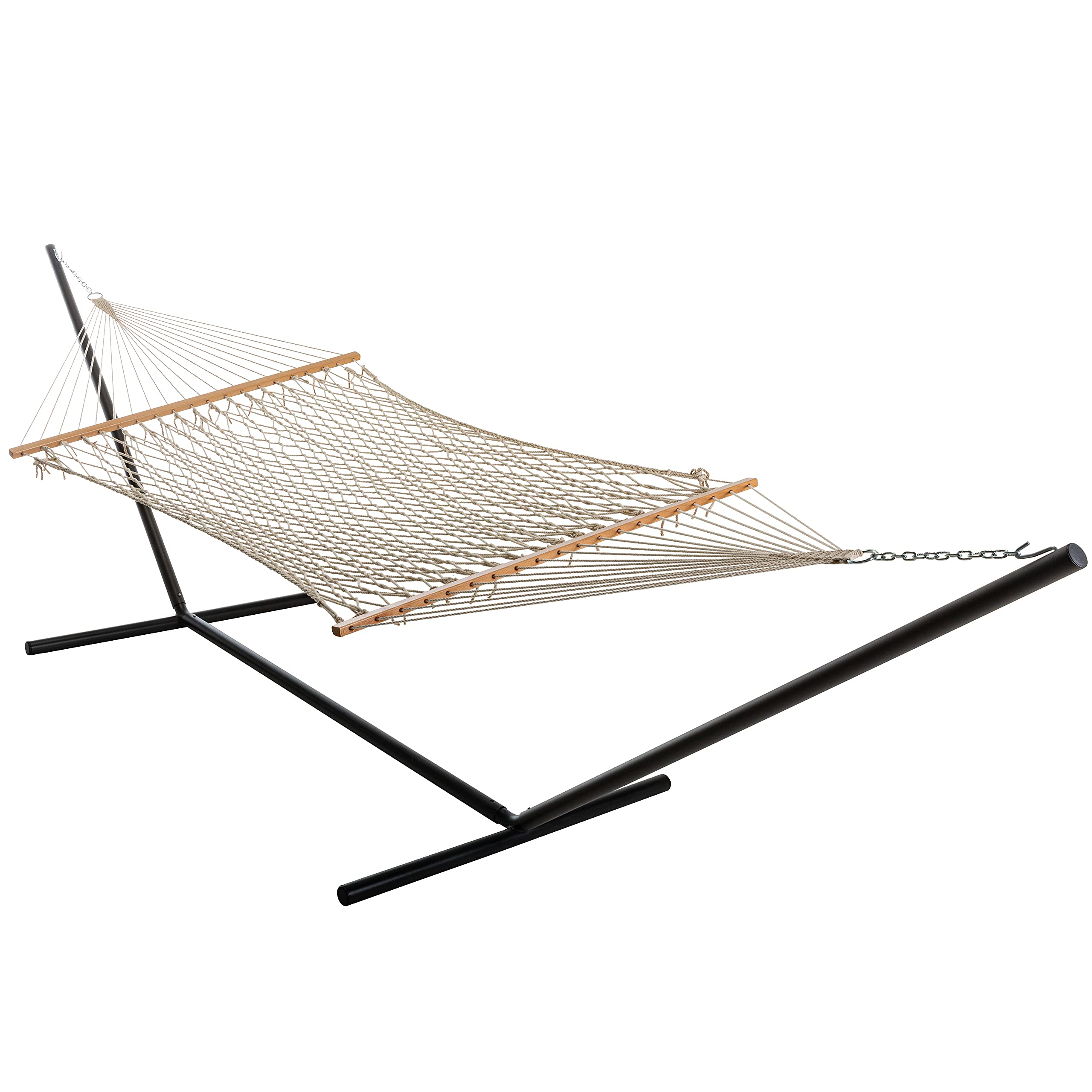 Castaway Living 13 ft. Double Traditional Cotton Rope Hammock with 15 ft. Heavy Duty Hammock Stand, Accommodates Two People with a Weight Capacity of 450 lbs.
