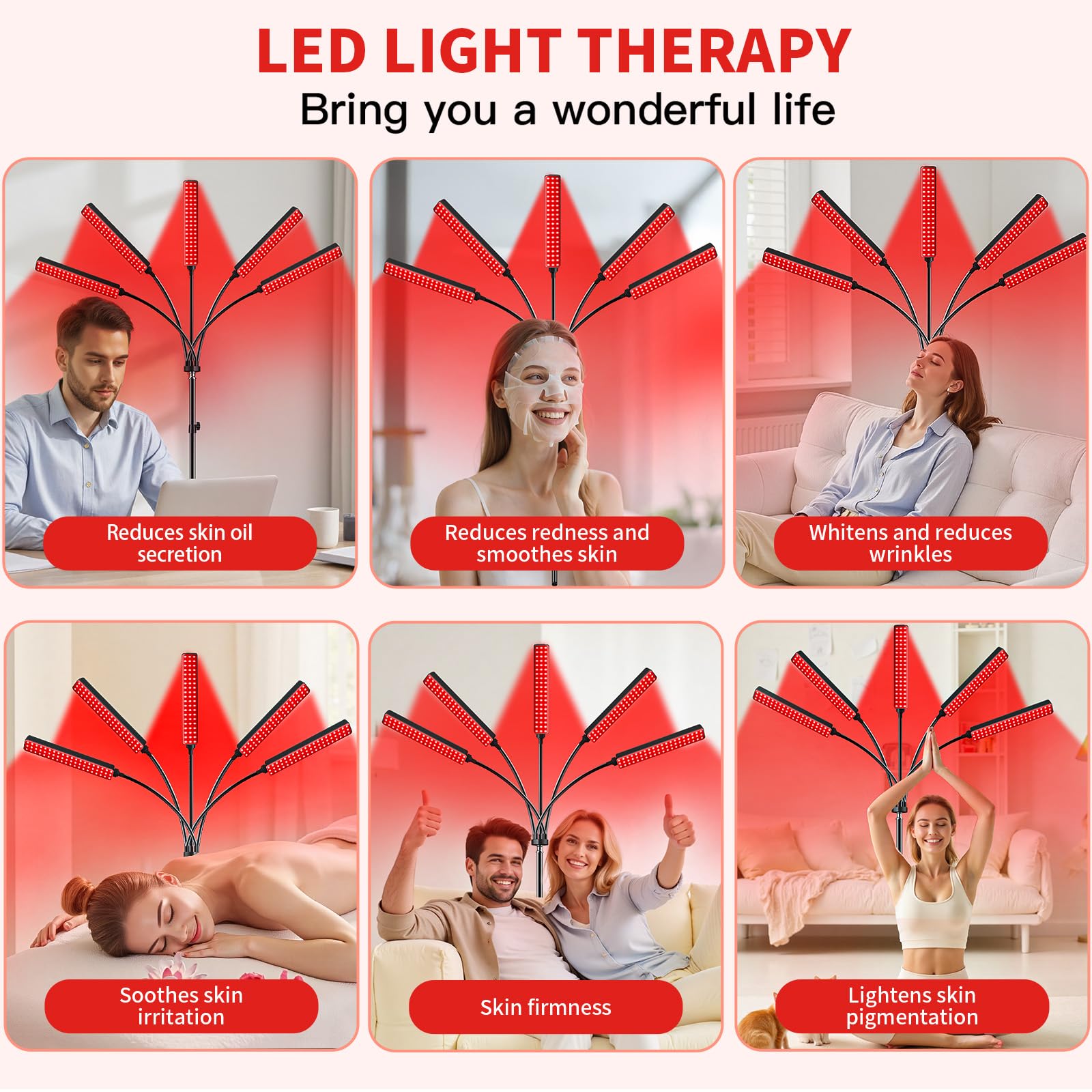 Red Light Therapy for Face Body Red Light Infrared Light Therapy Lamp with Stand LED 660nm 850nm 5 Heads Infrared Light Device for Body Face Skin Muscle