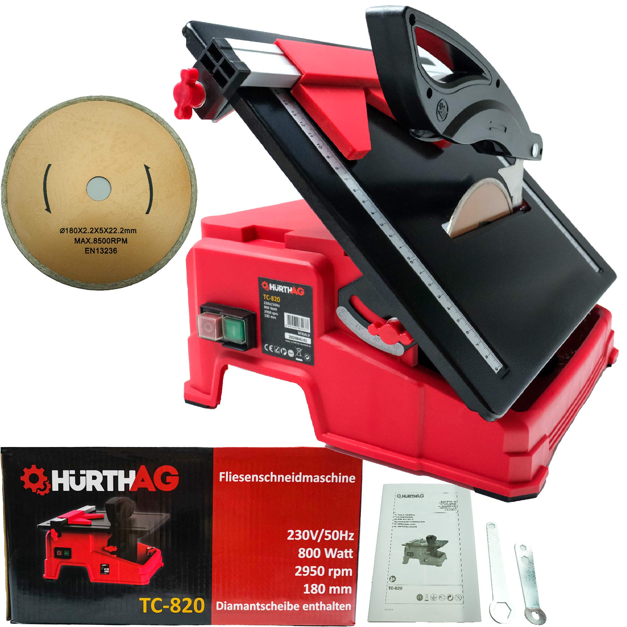 TC-820 Coupe-carreaux 800 W 2950 tr/min, table inclinable avec matériau antidérapant et graduation angulaire, disque à tronçonner diamanté de 180 mm de diamètre inclus