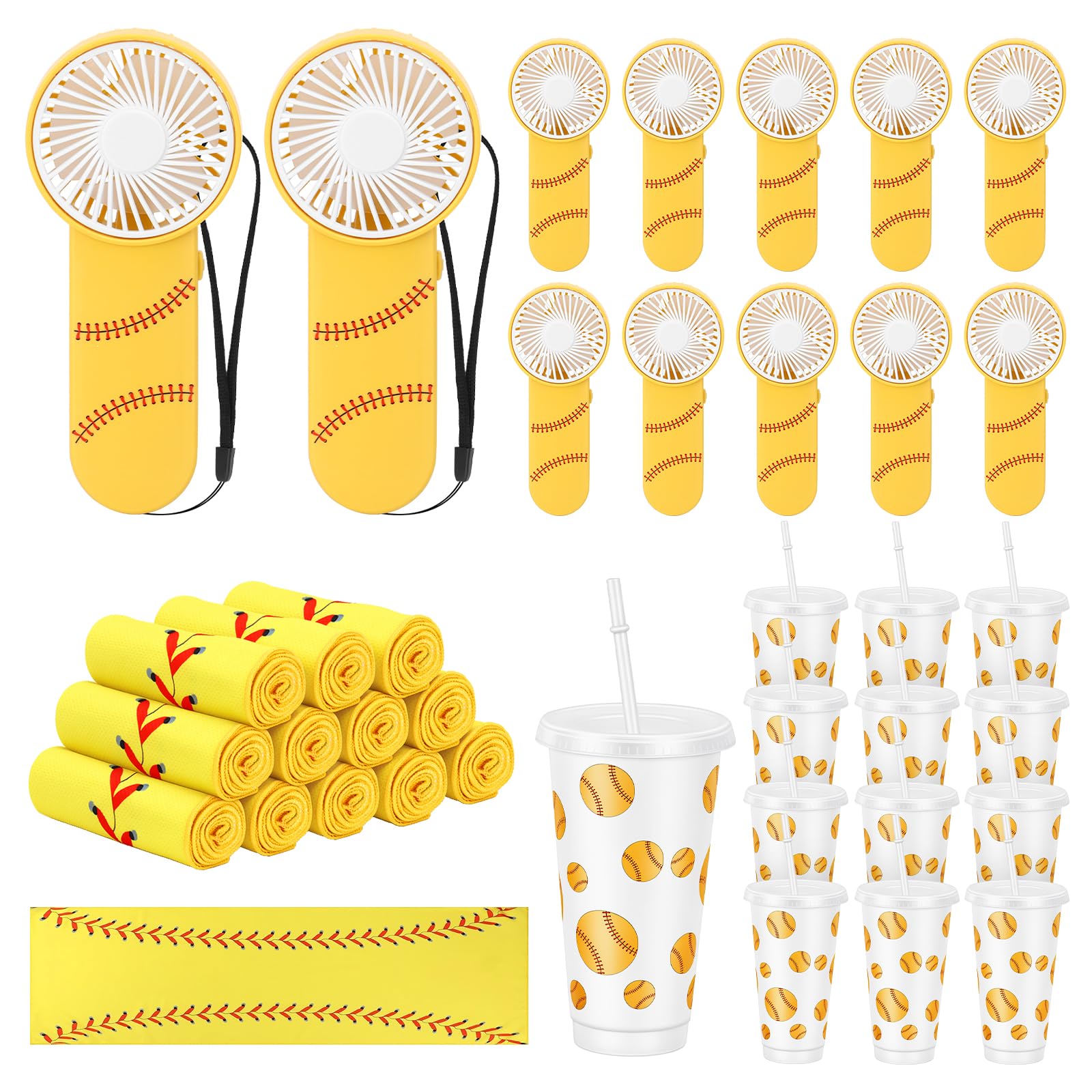 36 piezas de regalos de fiesta de sóftbol, 12 mini ventiladores portátiles de mano, 12 vasos de plástico con tapa y popote, 12 toallas de entrenamiento de enfriamiento para regalo de equipo