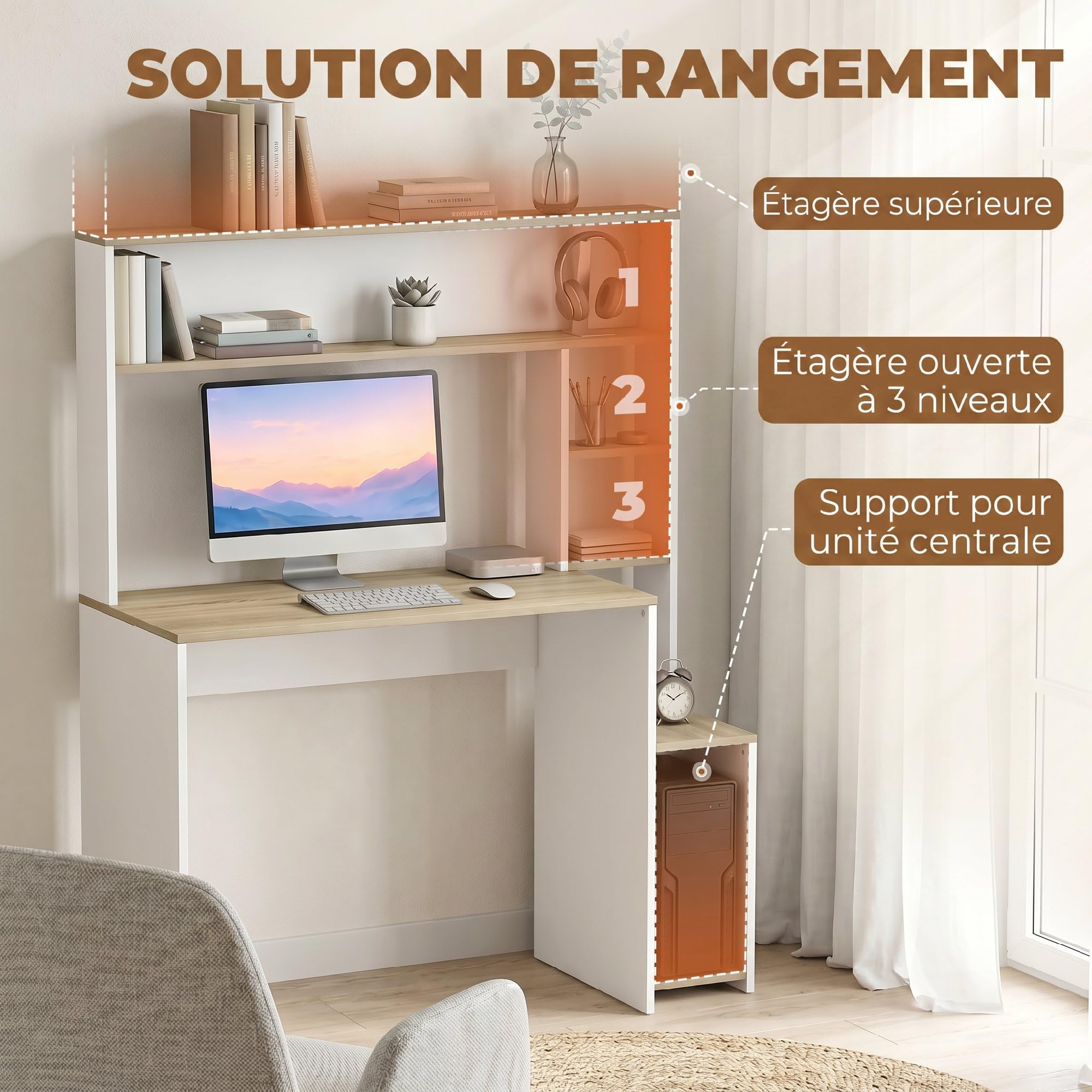 HOMCOM Bureau avec Rangement 114 x 45 x 138 cm Blanc et Bois Naturel