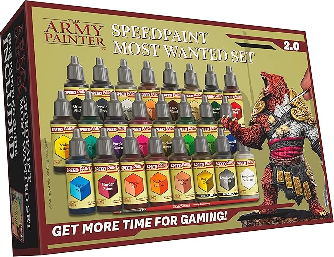 The Army Painter, Speedpaint 2.0, Most Wanted Paint Set, 24 x 18ml Speedpaints incl. 2 metallics, 1 medium & 1 Free Brush For miniature and model painting