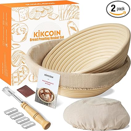 Bread Proofing Basket, Kikcoin Banneton Bread Proofing Basket Set of 2, 9 Inch & 10 Inch Round Sourdough Proofing Basket with Linen Liner, Bread Lame