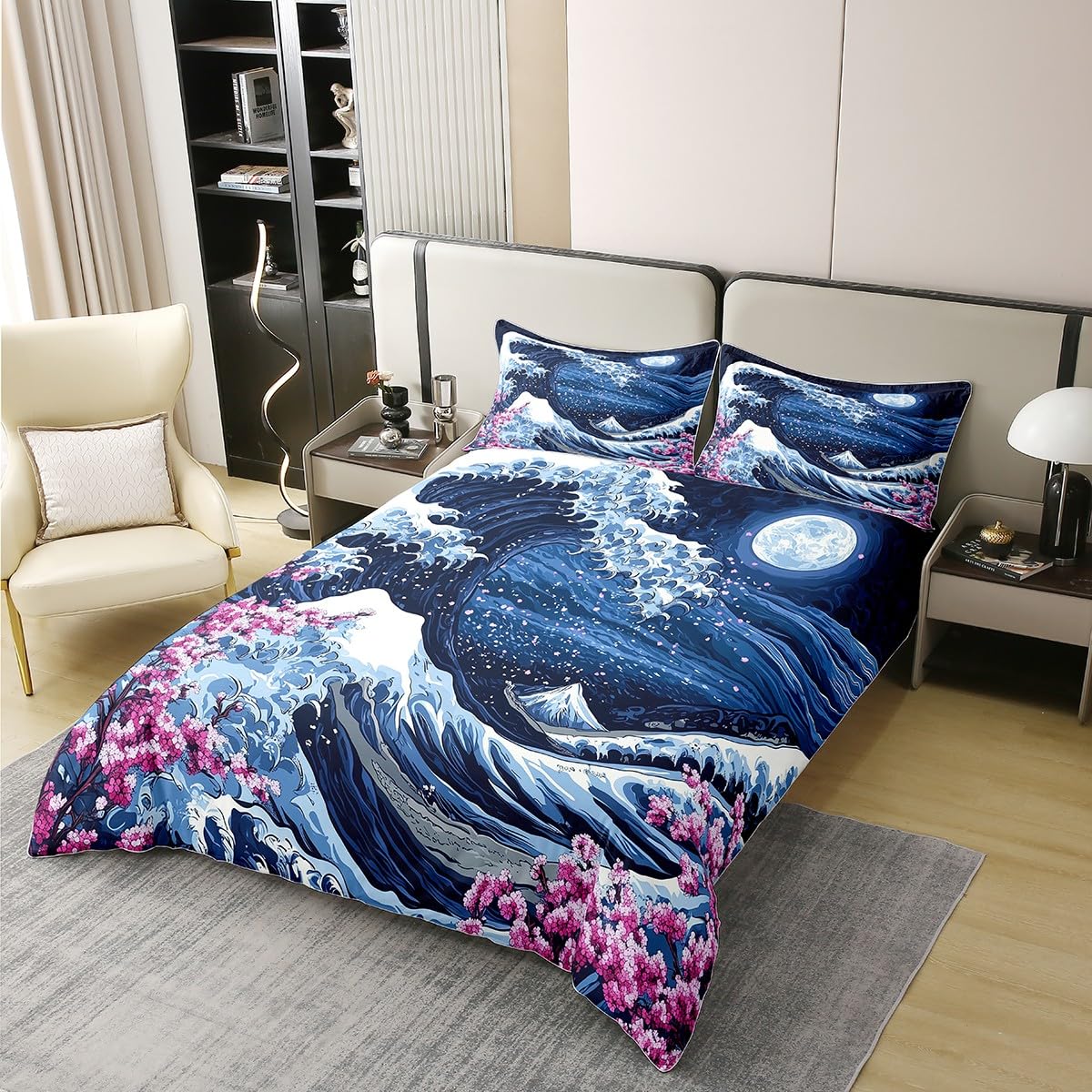 Manfei japanischer Stil Bettwäsche Set Meer Welle Ukiyoe Bettdecke Kirschblüte Ozean Decke Abdeckung Navy Weiß S Größe 100% Baumwolle, 1 Kissenbezug