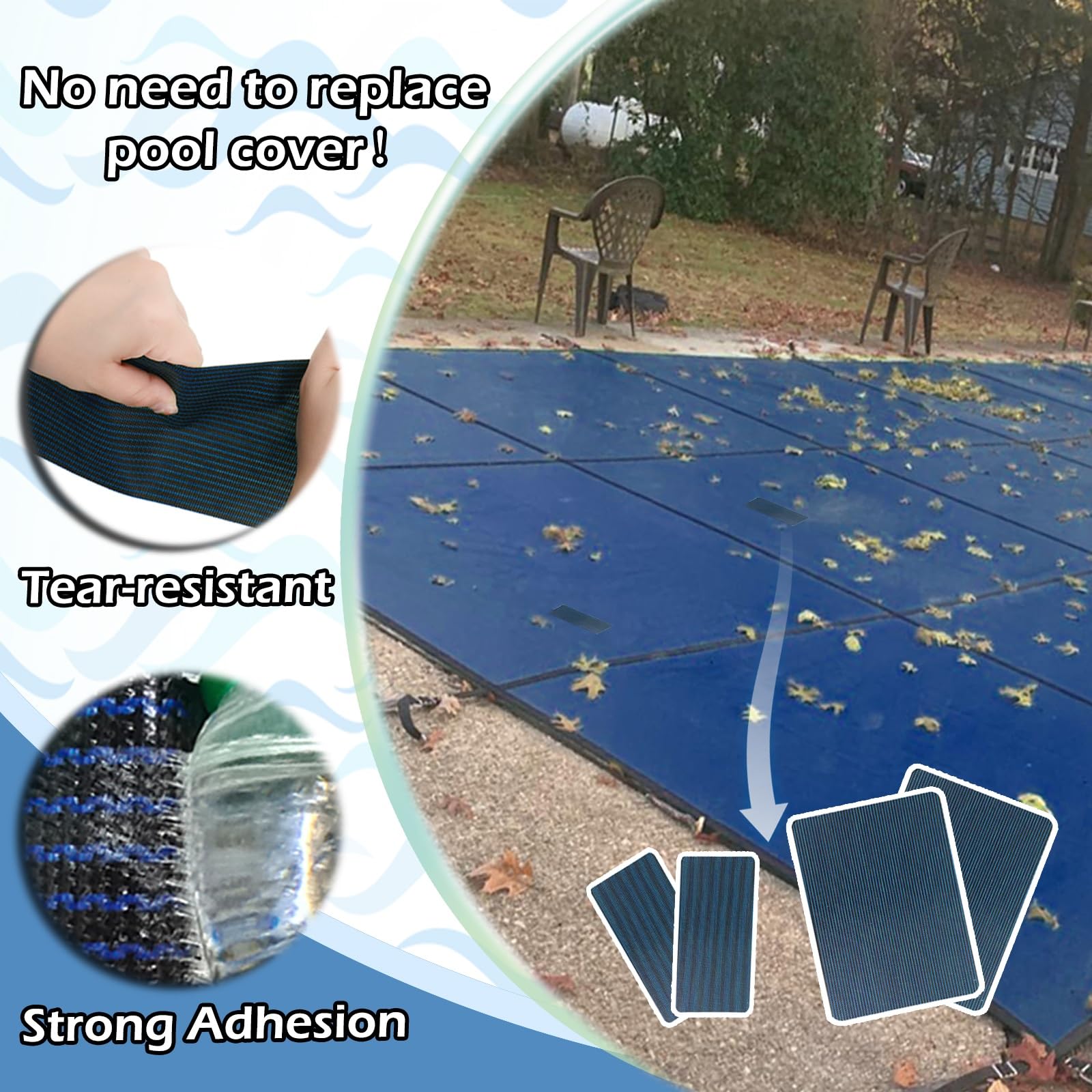 Kit de parches para cubiertas de piscina Parches grandes para cubiertas de piscinas Azul Kit de reparación de malla recortable para cubiertas de piscina redondas rectangulares con reverso adhesivo ( C