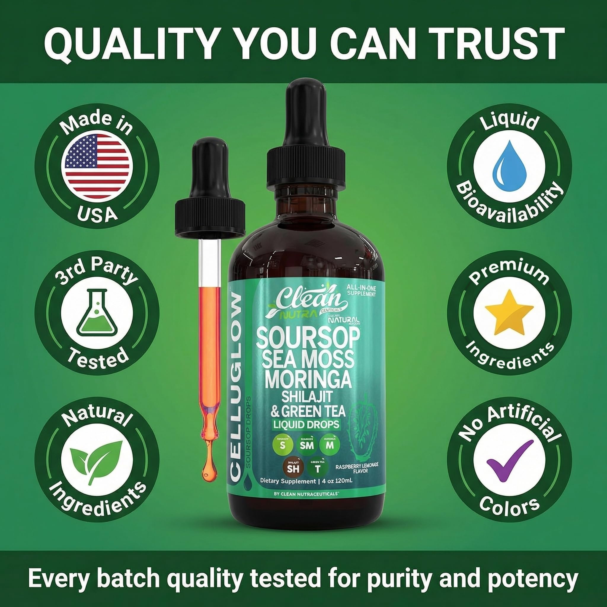 CelluGlow Soursop Bitters Liquid Drops Green Tea Extract Sea Moss Moringa Shilajit Vitamin C D3 Garlic Turmeric Ginger Reishi Mushroom Grape Seed Lycopene Immune Support Supplement by Clean Nutra 4oz — Amazon image 8