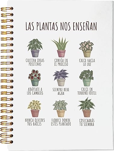 VNWEK Cuaderno de espiral de plantas en maceta española con texto en inglés "What Plants Teach Us" de salud mental de 5.5 x 8.3 pulgadas, cuaderno